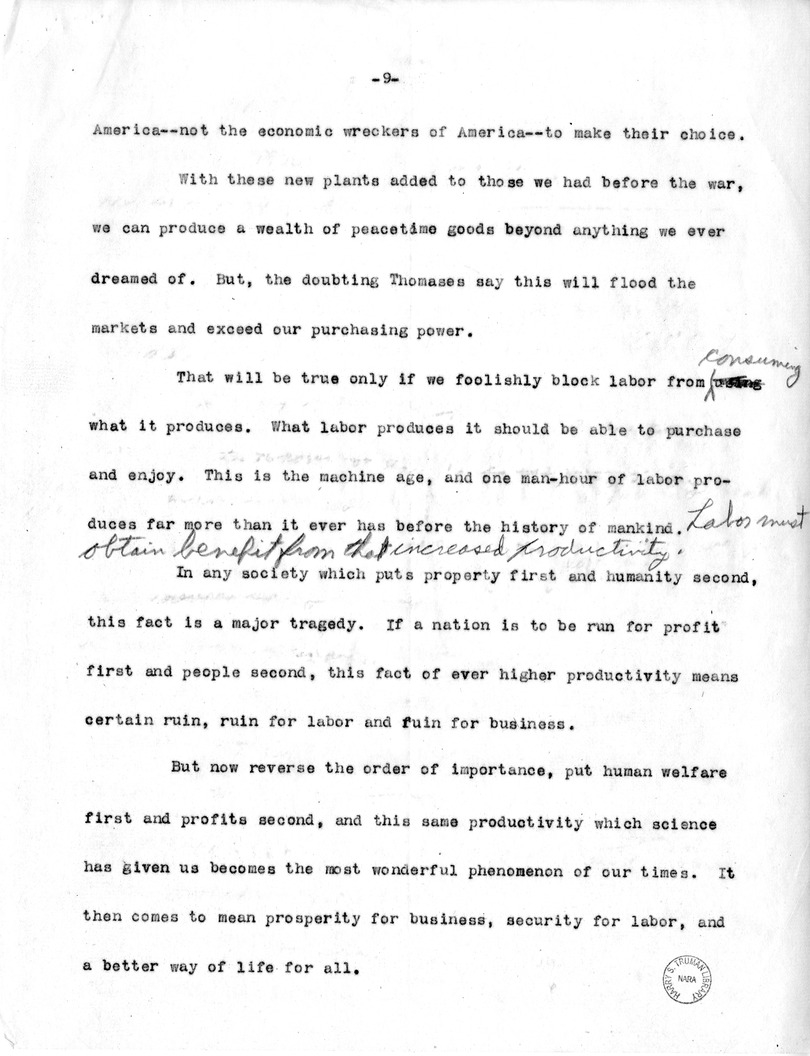 Draft of Labor Day Speech of Senator Harry S. Truman on Labor Day at Detroit, Michigan