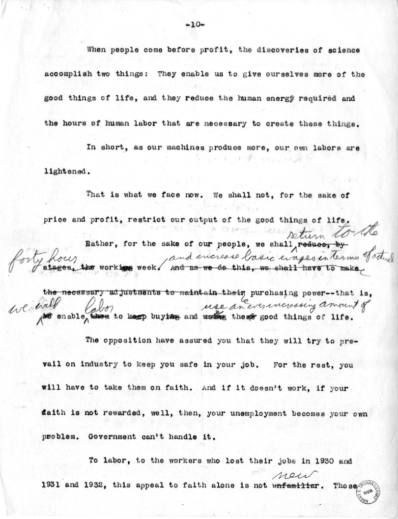 Draft of Labor Day Speech of Senator Harry S. Truman on Labor Day at Detroit, Michigan