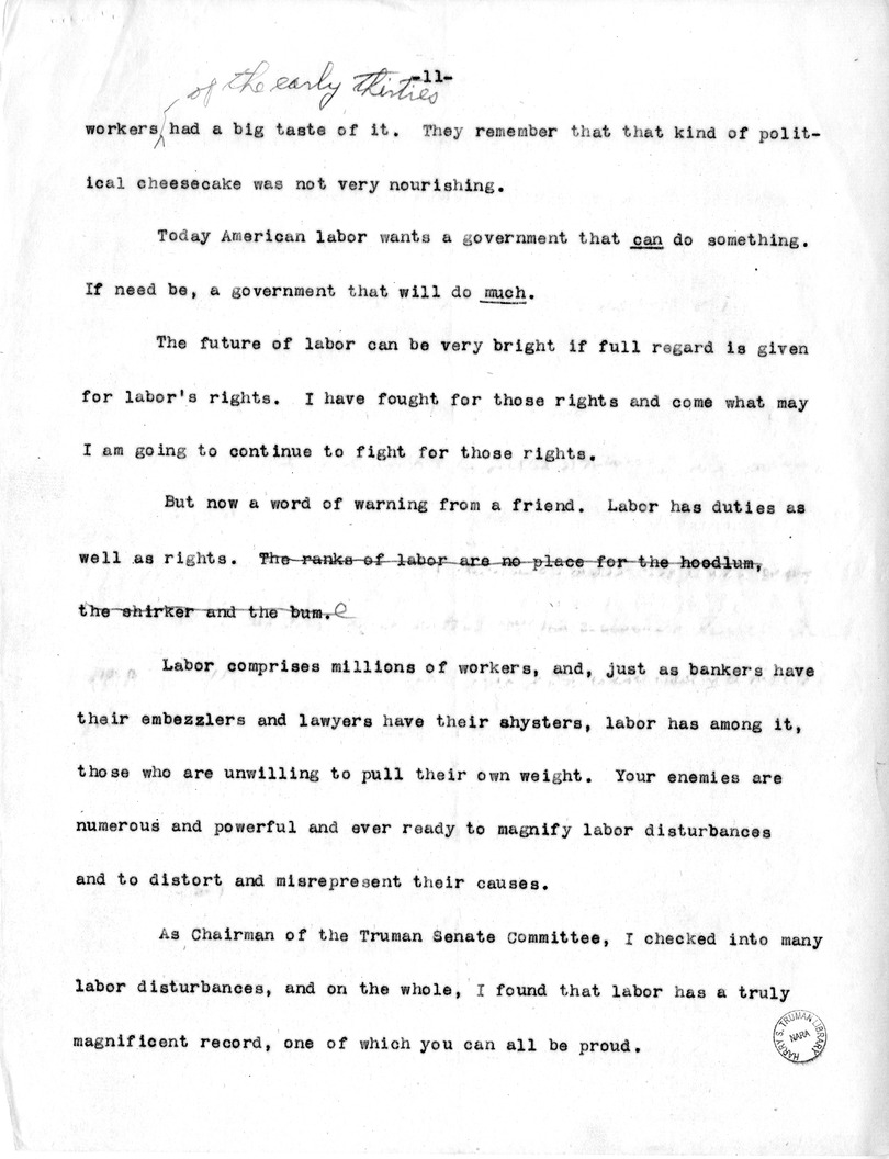 Draft of Labor Day Speech of Senator Harry S. Truman on Labor Day at Detroit, Michigan