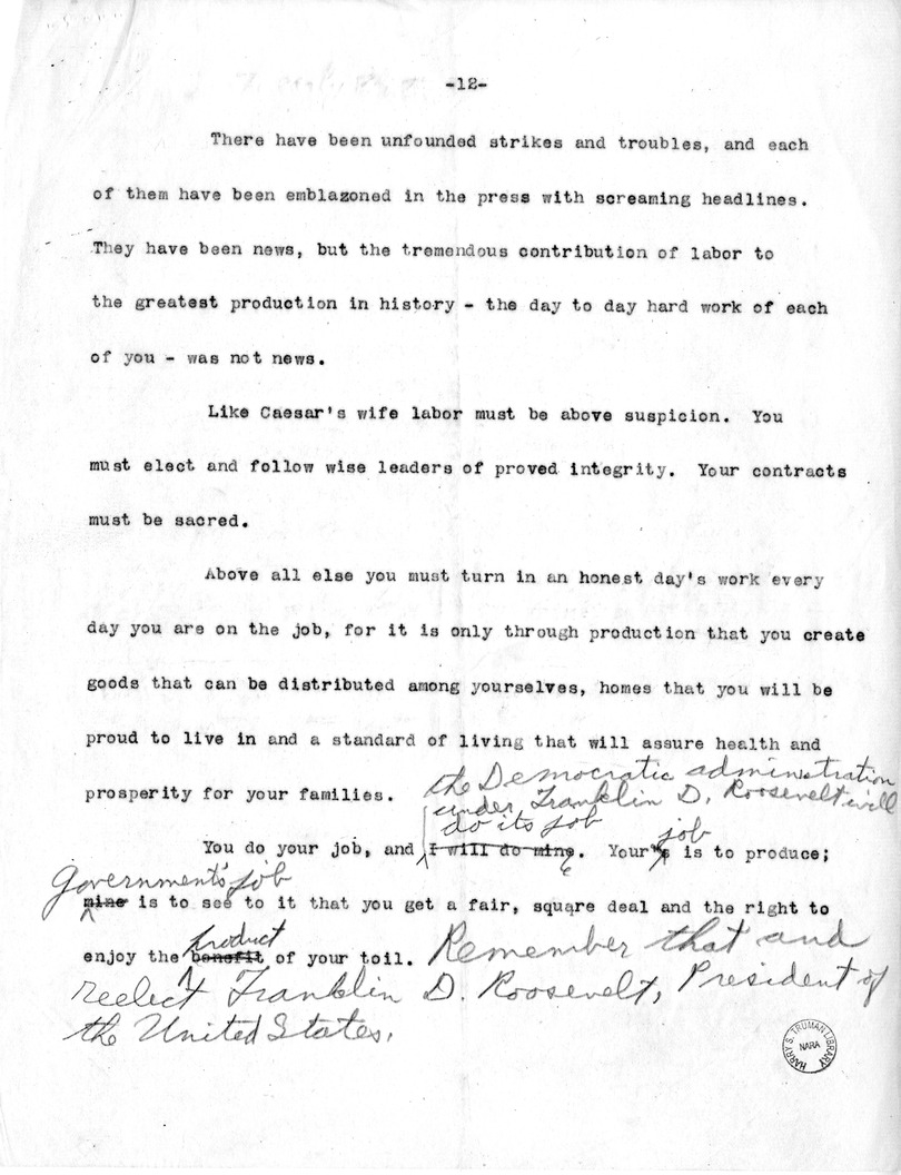 Draft of Labor Day Speech of Senator Harry S. Truman on Labor Day at Detroit, Michigan