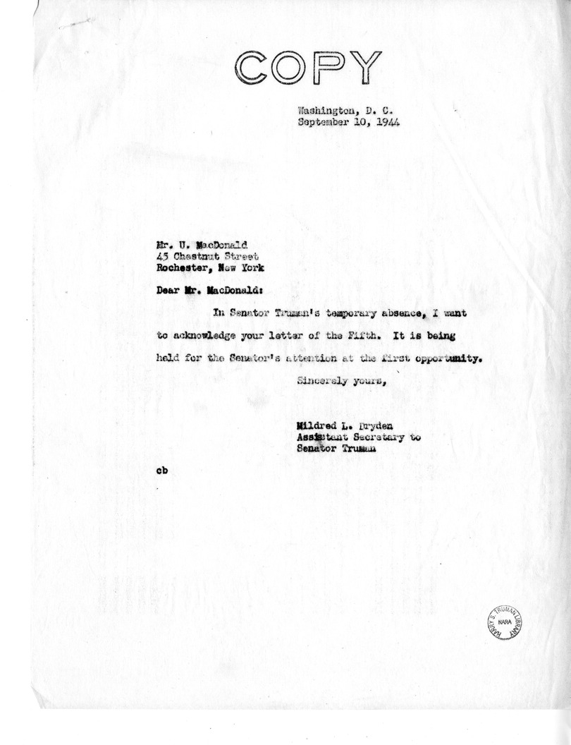 Letter from  Mr. U MacDonald to Senator Harry S. Truman, with a Reply from Mildred Dryden