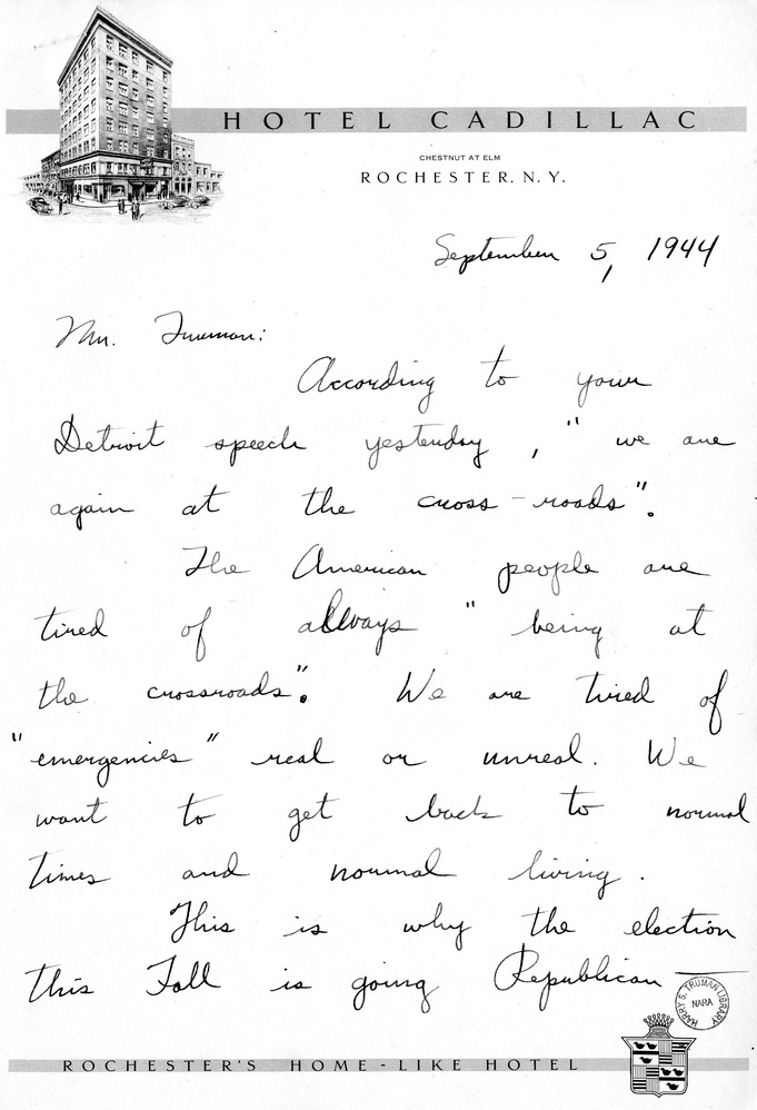 Letter from  Mr. U MacDonald to Senator Harry S. Truman, with a Reply from Mildred Dryden