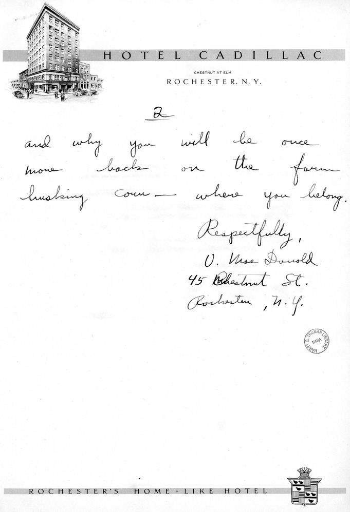 Letter from  Mr. U MacDonald to Senator Harry S. Truman, with a Reply from Mildred Dryden