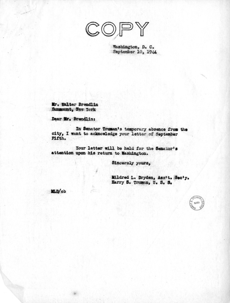 Letter from Walter Brendlin to Senator Harry S. Truman, with a Reply from Mildred Dryden
