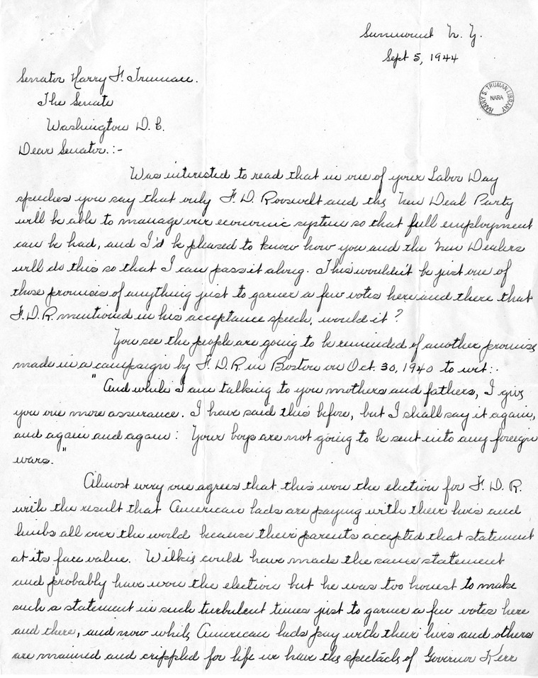 Letter from Walter Brendlin to Senator Harry S. Truman, with a Reply from Mildred Dryden