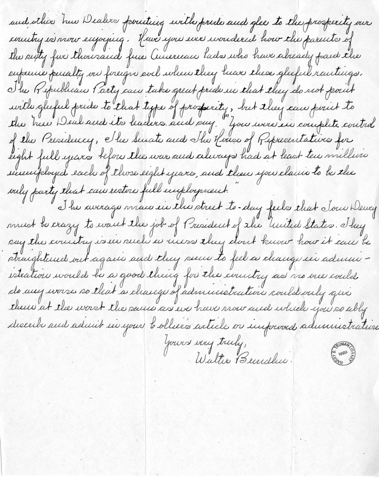 Letter from Walter Brendlin to Senator Harry S. Truman, with a Reply from Mildred Dryden