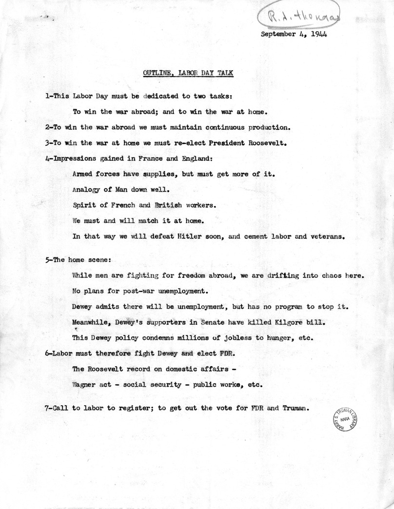 Outline of Senator Harry S. Truman Labor Day Speech