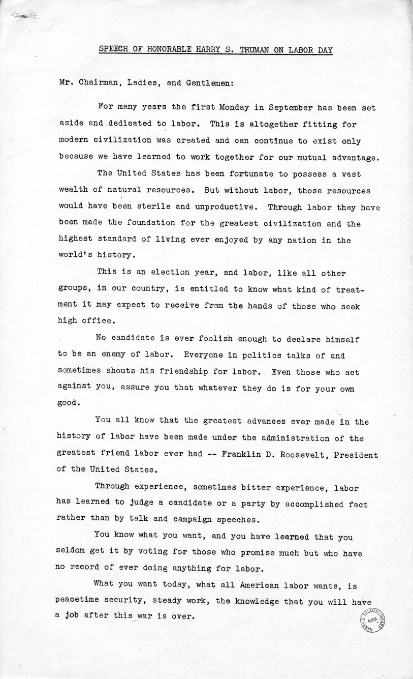 Labor Day Speech of Senator Harry S. Truman at Detroit, Michigan