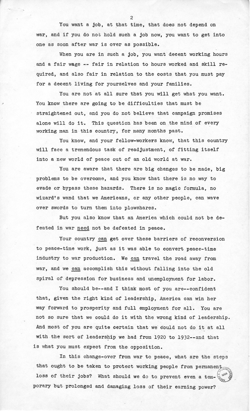 Labor Day Speech of Senator Harry S. Truman at Detroit, Michigan
