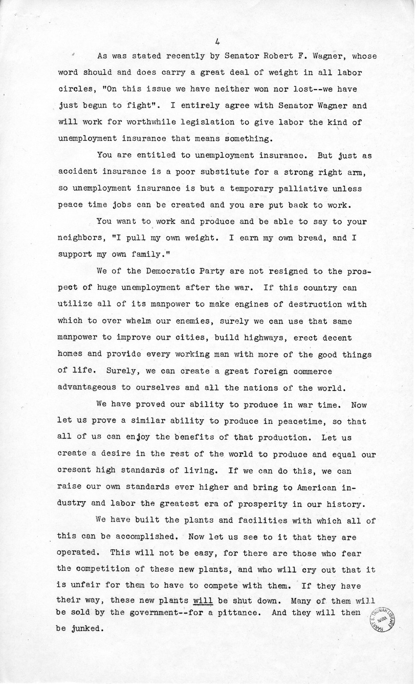 Labor Day Speech of Senator Harry S. Truman at Detroit, Michigan