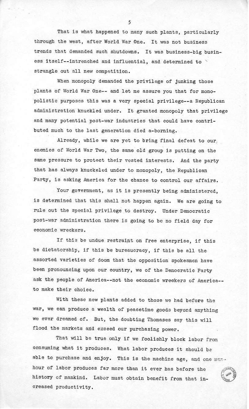 Labor Day Speech of Senator Harry S. Truman at Detroit, Michigan