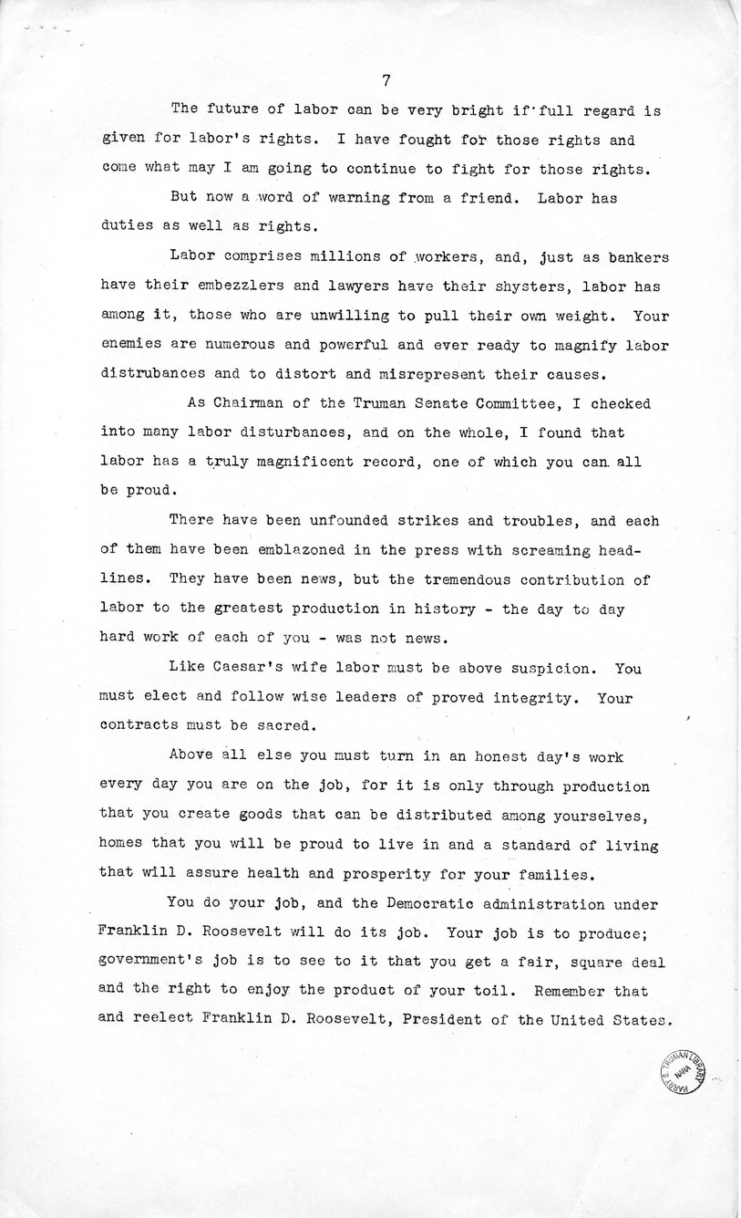 Labor Day Speech of Senator Harry S. Truman at Detroit, Michigan