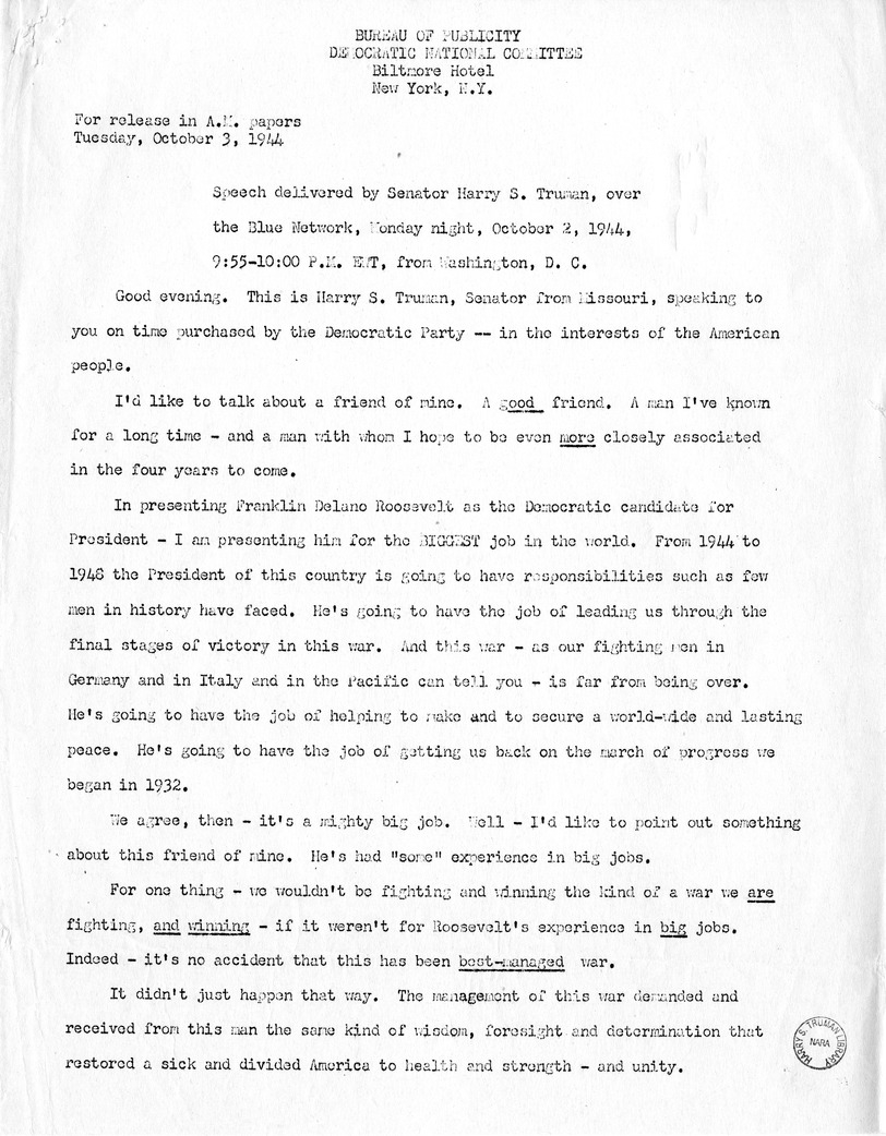 Speech of Senator Harry S. Truman Over the Blue Network from Washington D.C.