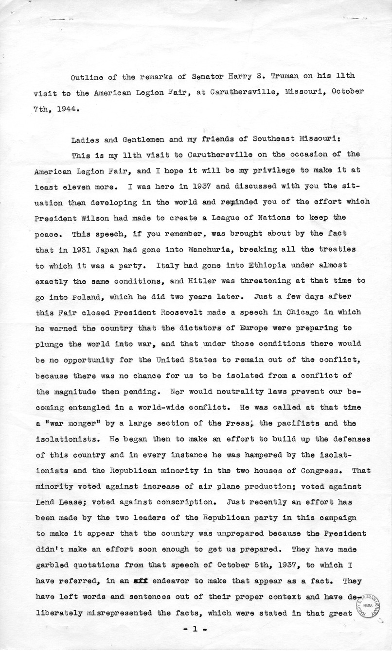 Outline of Remarks of Senator Harry S. Truman at Caruthersville, Missouri
