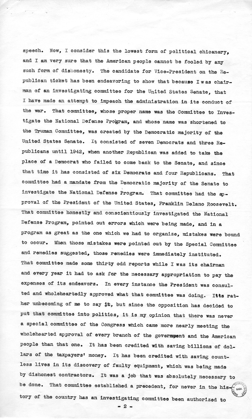 Outline of Remarks of Senator Harry S. Truman at Caruthersville, Missouri