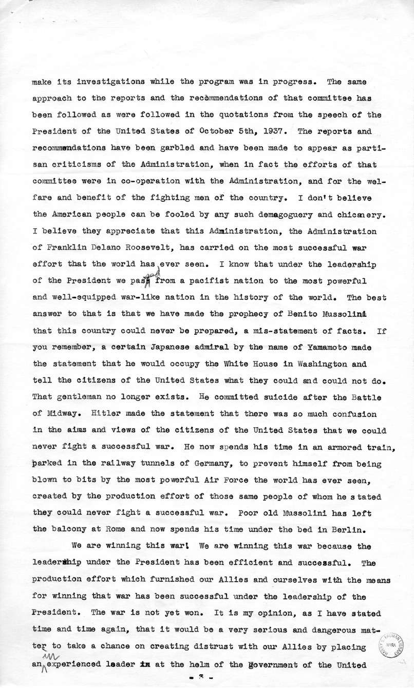Outline of Remarks of Senator Harry S. Truman at Caruthersville, Missouri
