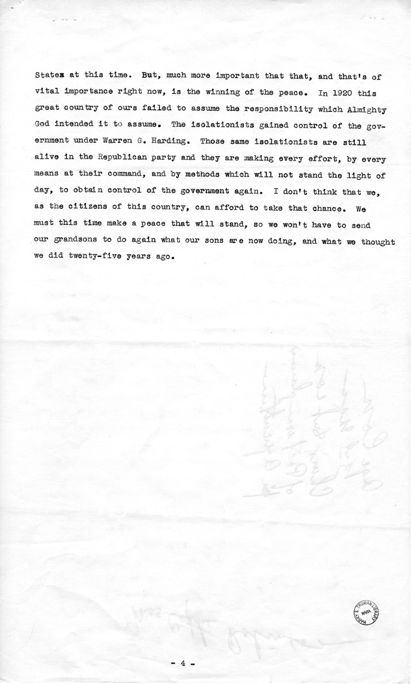 Outline of Remarks of Senator Harry S. Truman at Caruthersville, Missouri