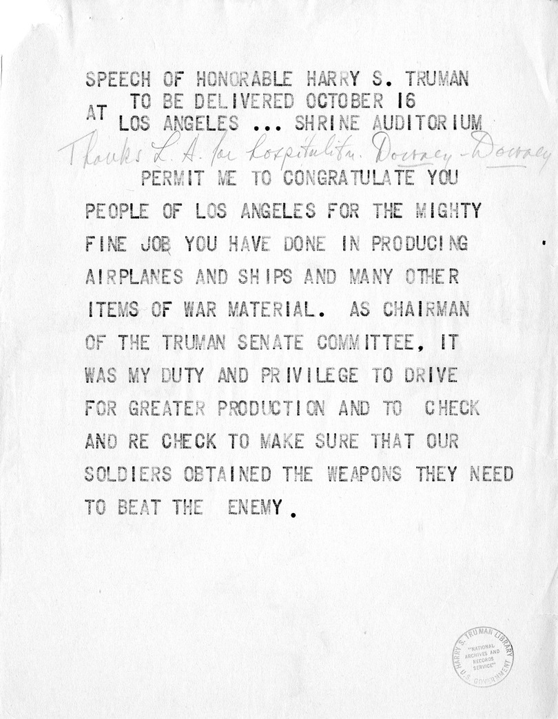 Reading Copy of Speech of Senator Harry S. Truman at the Shrine Auditorium, Los Angles, California