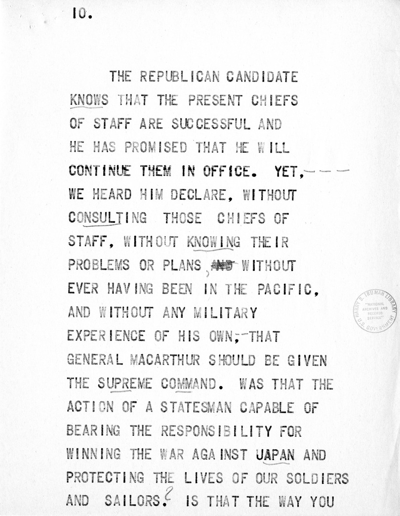Reading Copy of Speech of Senator Harry S. Truman at the Shrine Auditorium, Los Angles, California