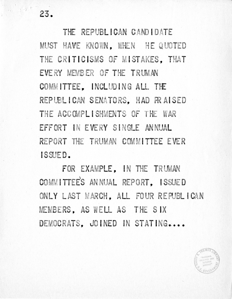 Reading Copy of Speech of Senator Harry S. Truman at the Shrine Auditorium, Los Angles, California