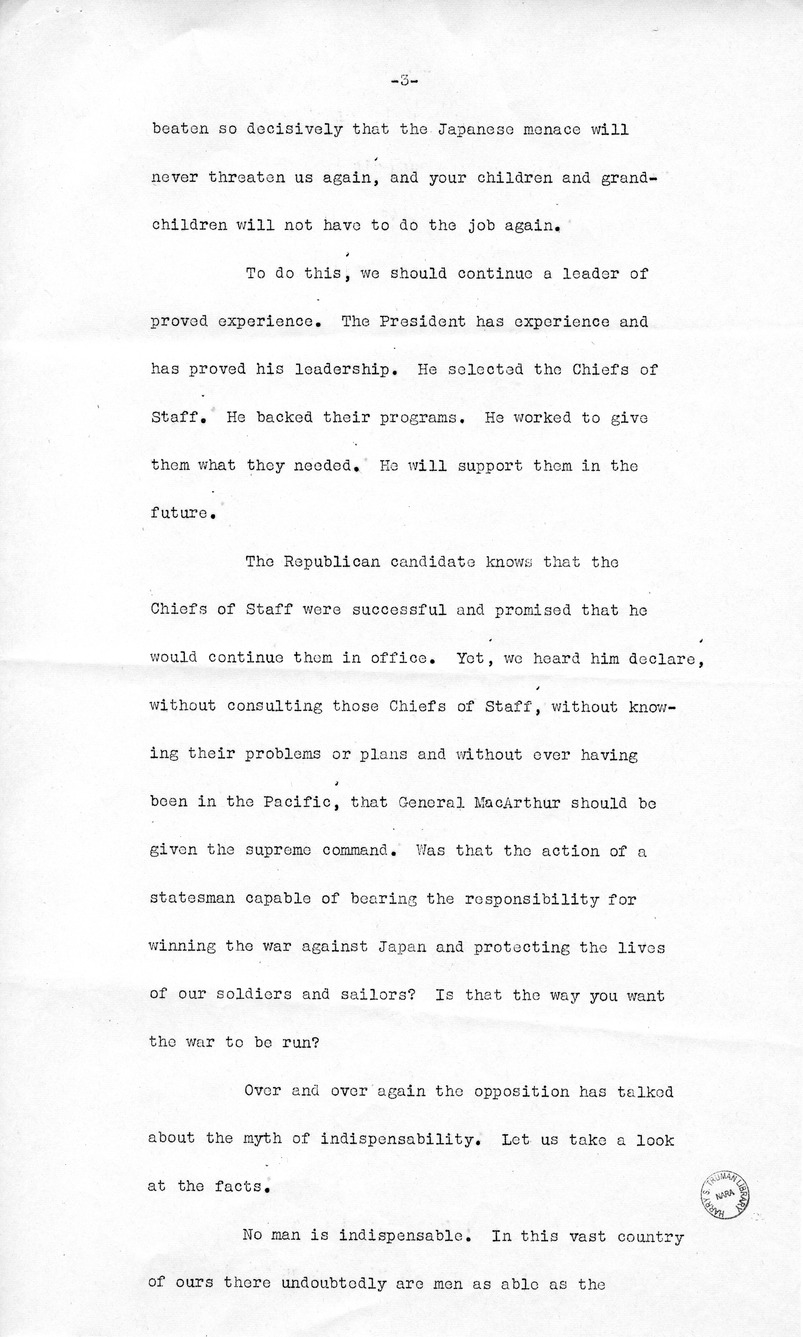 Draft Speech of Senator Harry S. Truman Delivered at the Shrine Auditorium, Los Angles, California