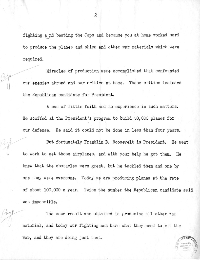 Draft Speech of Senator Harry S. Truman at Seattle, Washington