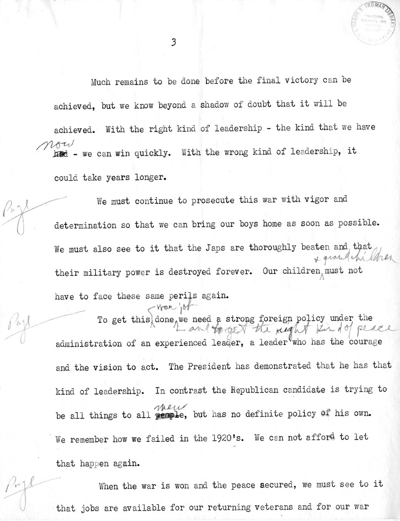 Draft Speech of Senator Harry S. Truman at Seattle, Washington