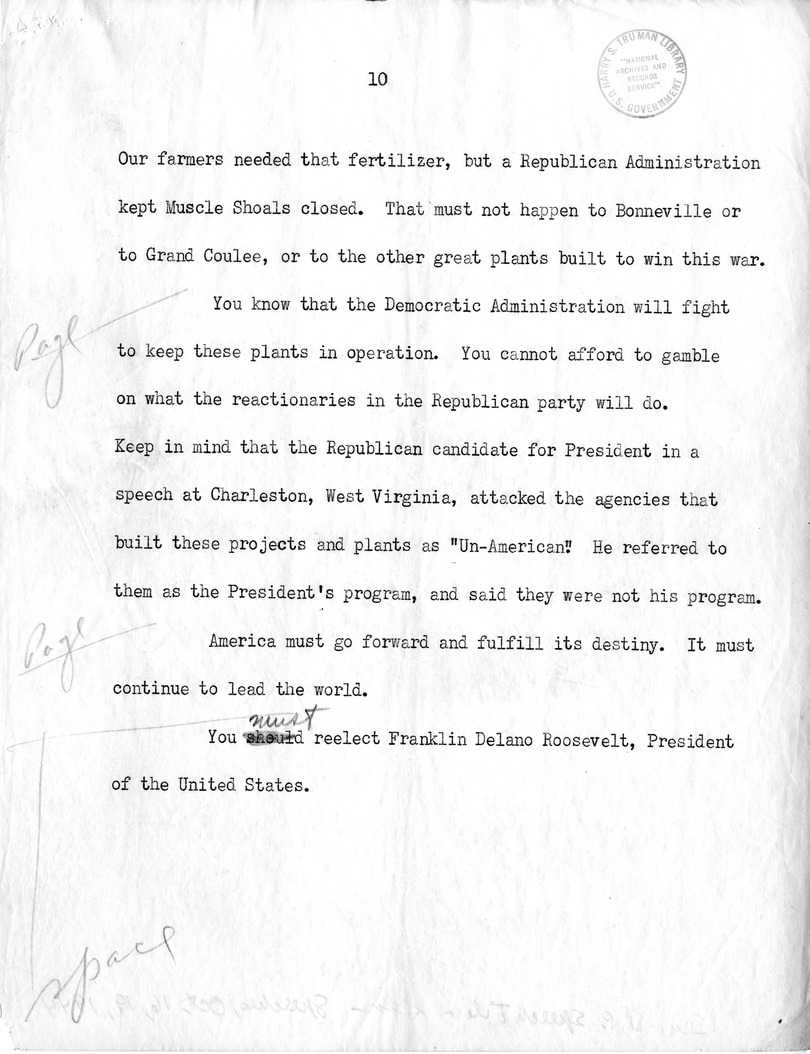 Draft Speech of Senator Harry S. Truman at Seattle, Washington