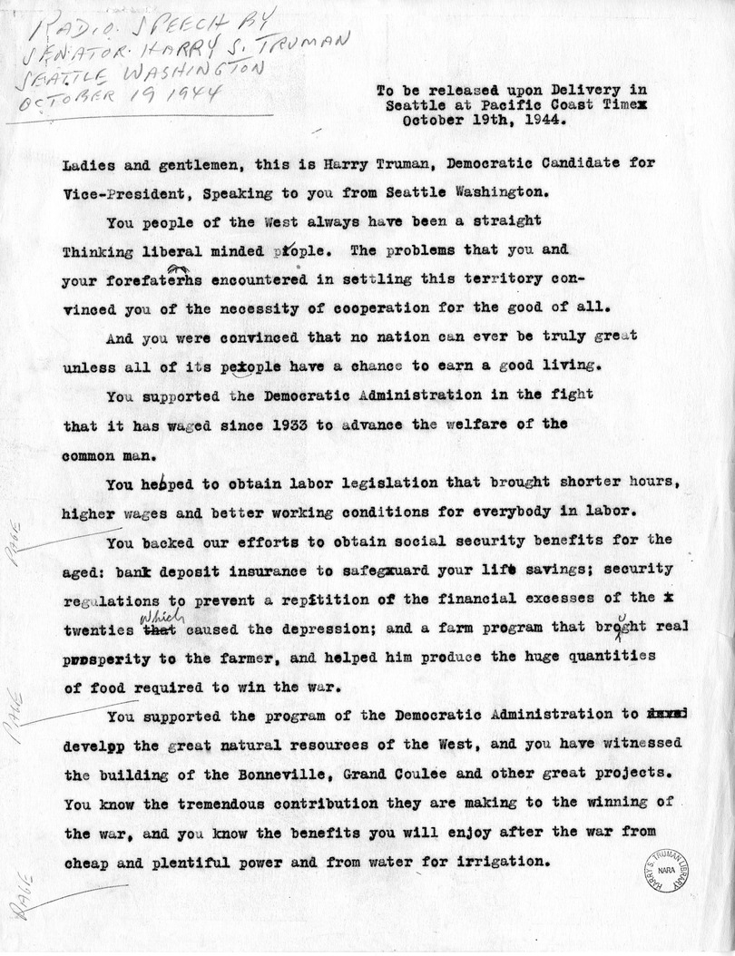 Draft of Radio Speech of Senator Harry S. Truman at Seattle, Washington