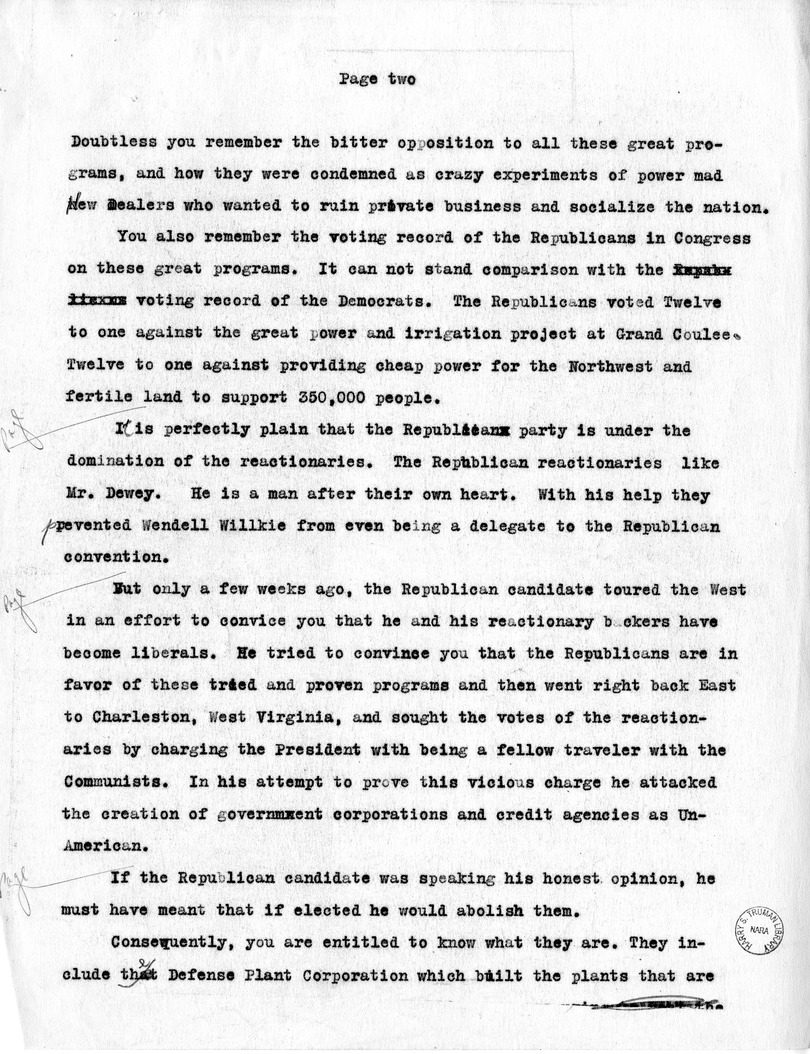 Draft of Radio Speech of Senator Harry S. Truman at Seattle, Washington