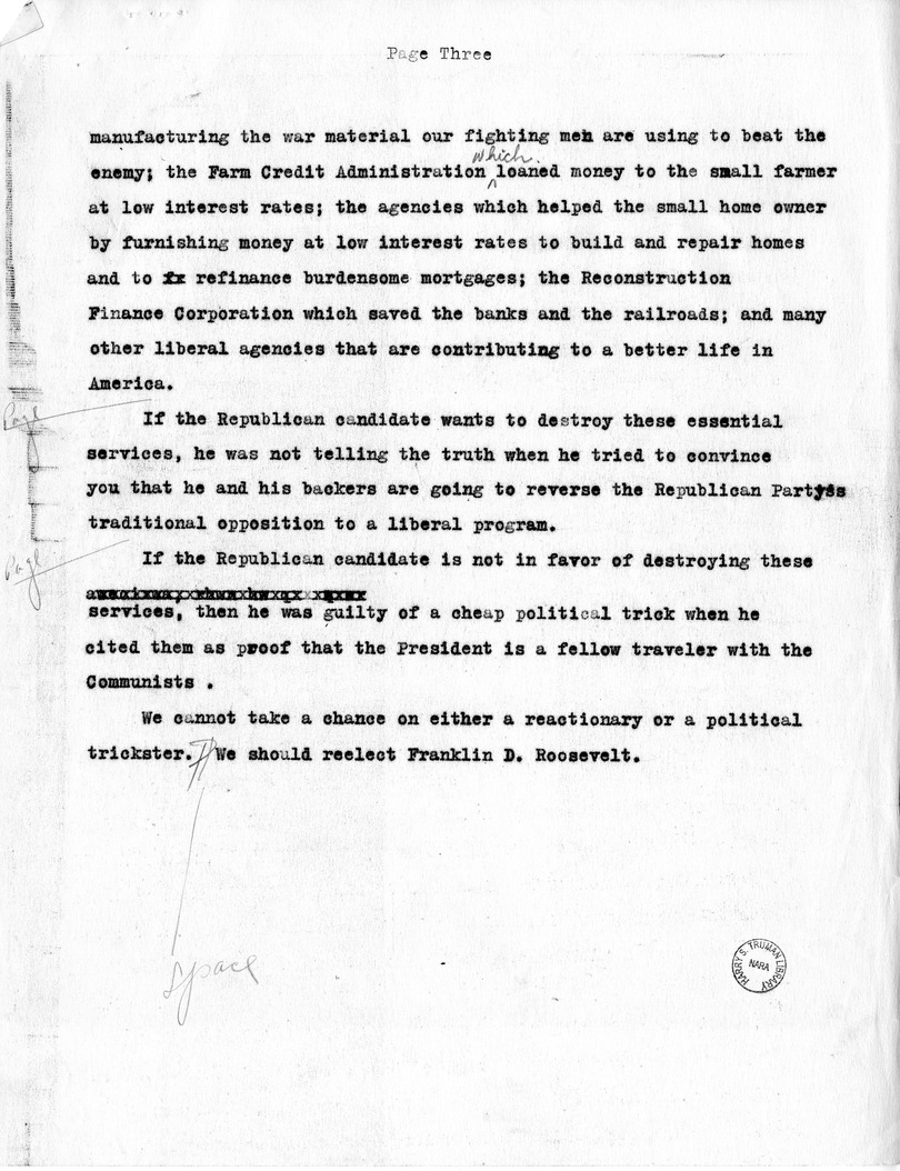 Draft of Radio Speech of Senator Harry S. Truman at Seattle, Washington