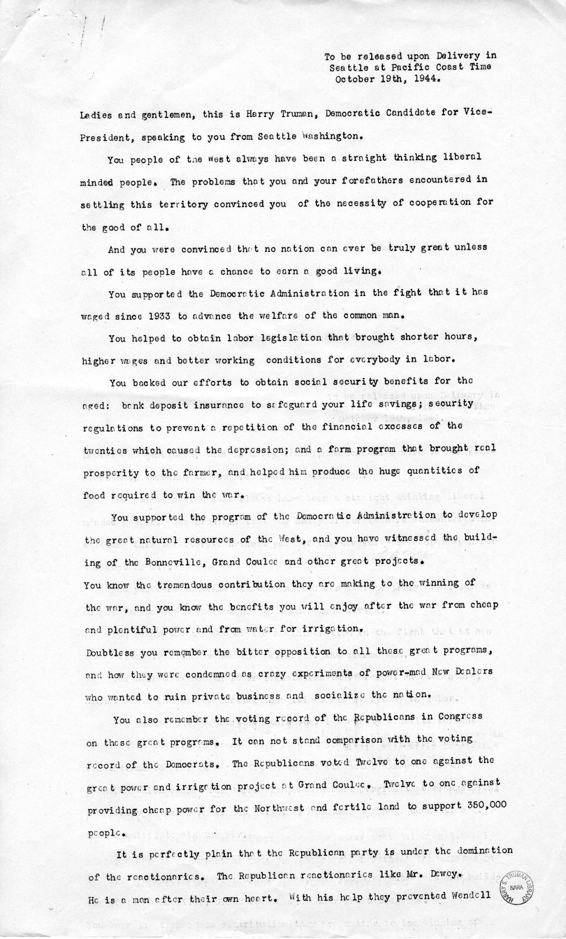 Radio Speech of Senator Harry S. Truman, Candidate for Vice President, at Seattle, Washington