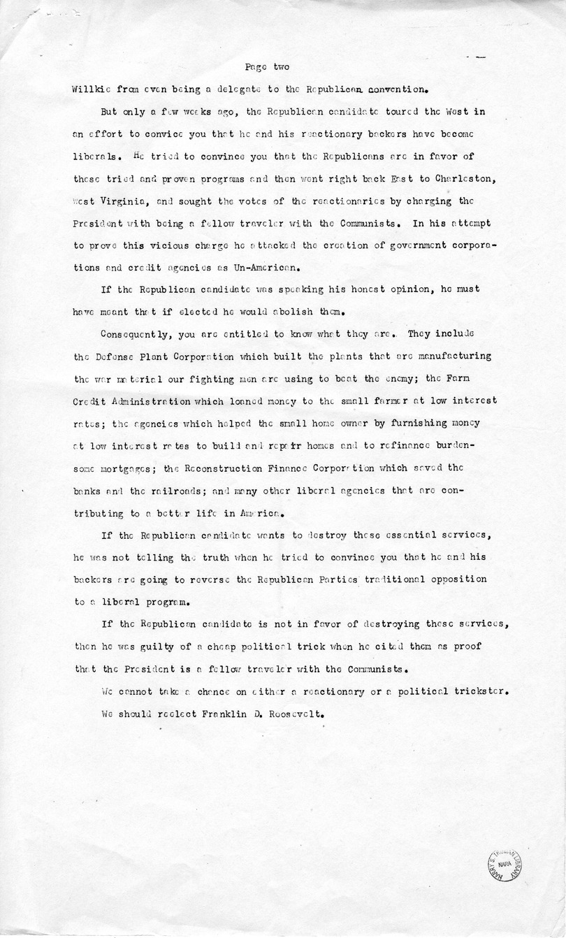 Radio Speech of Senator Harry S. Truman, Candidate for Vice President, at Seattle, Washington
