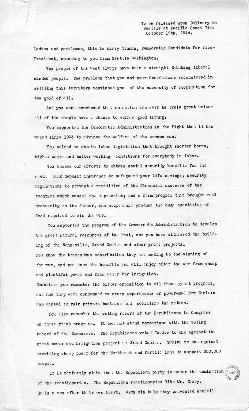 Speech of Senator Harry S. Truman at Seattle, Washington