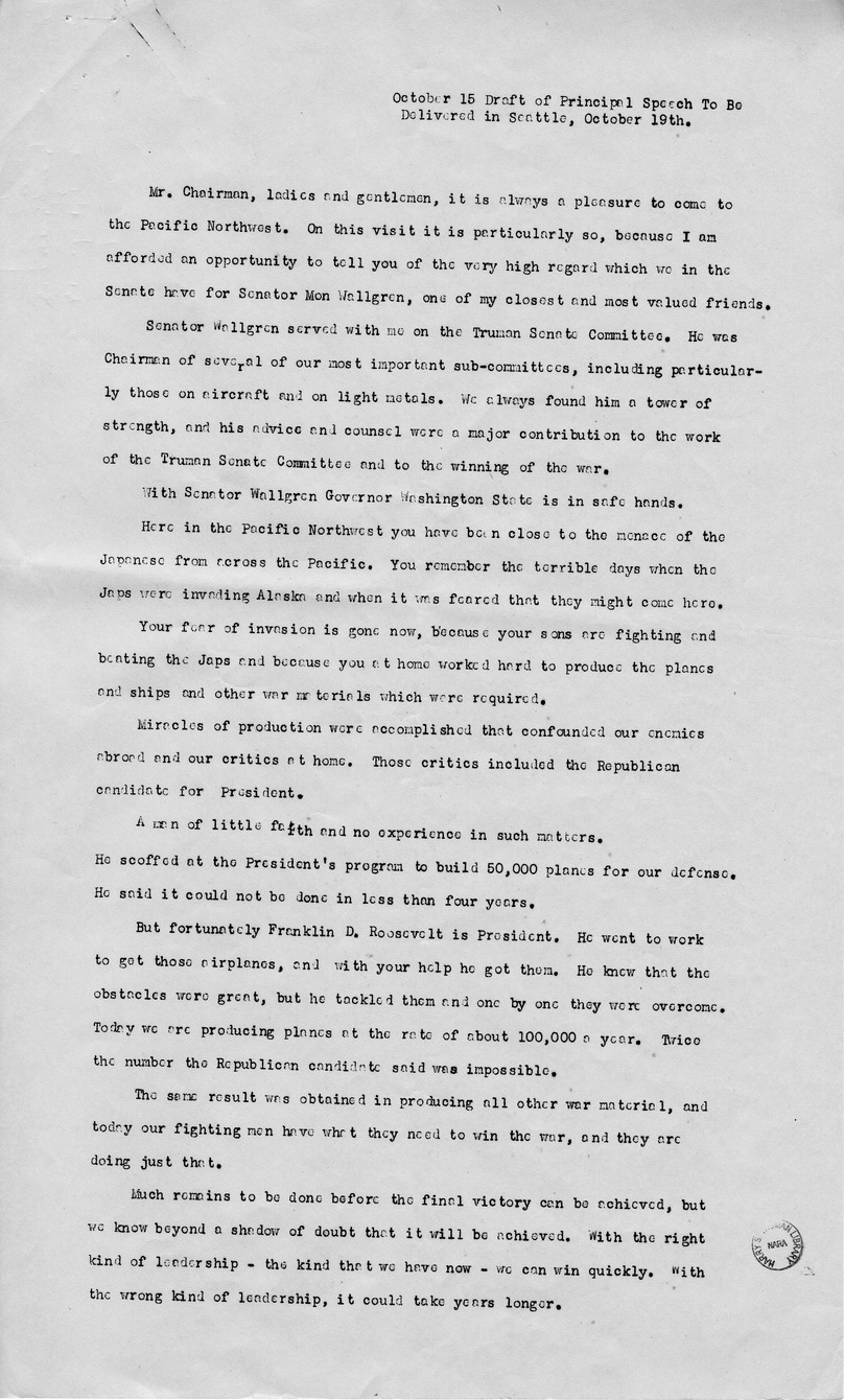 Draft Speech Senator Harry S. Truman to be Delivered in Seattle, Washington