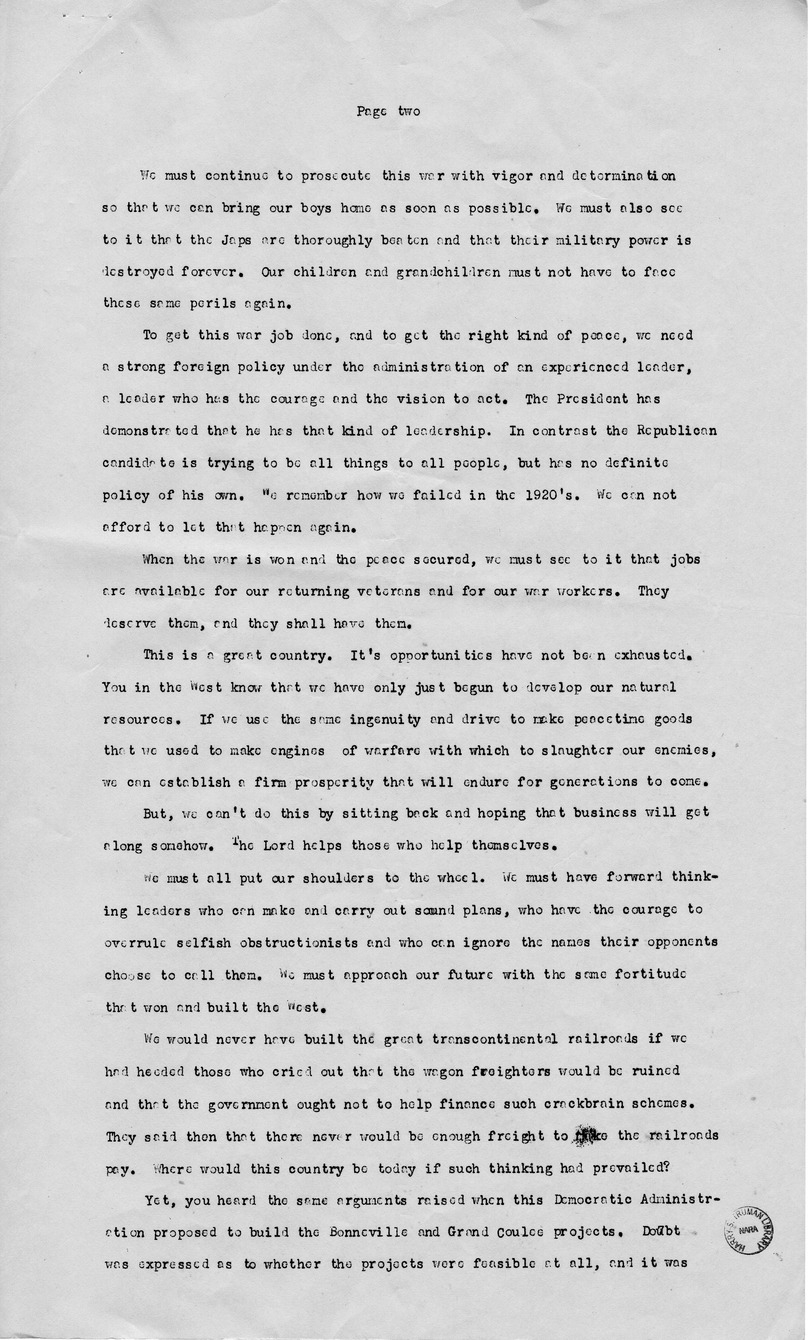 Draft Speech Senator Harry S. Truman to be Delivered in Seattle, Washington