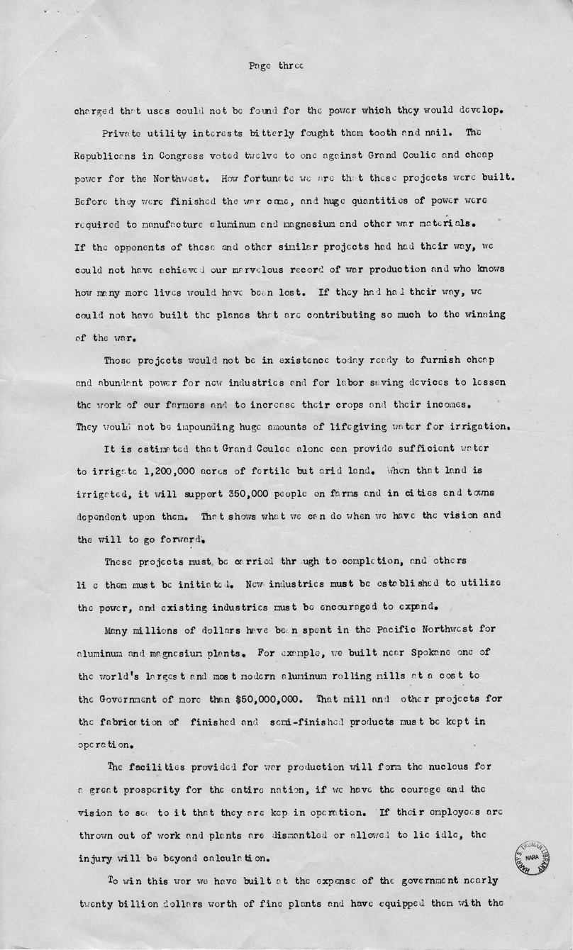 Draft Speech Senator Harry S. Truman to be Delivered in Seattle, Washington