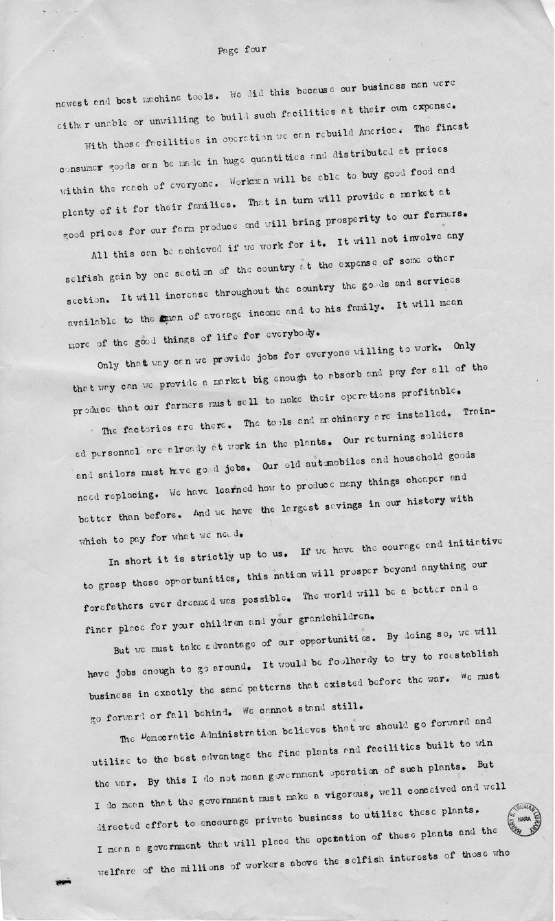 Draft Speech Senator Harry S. Truman to be Delivered in Seattle, Washington