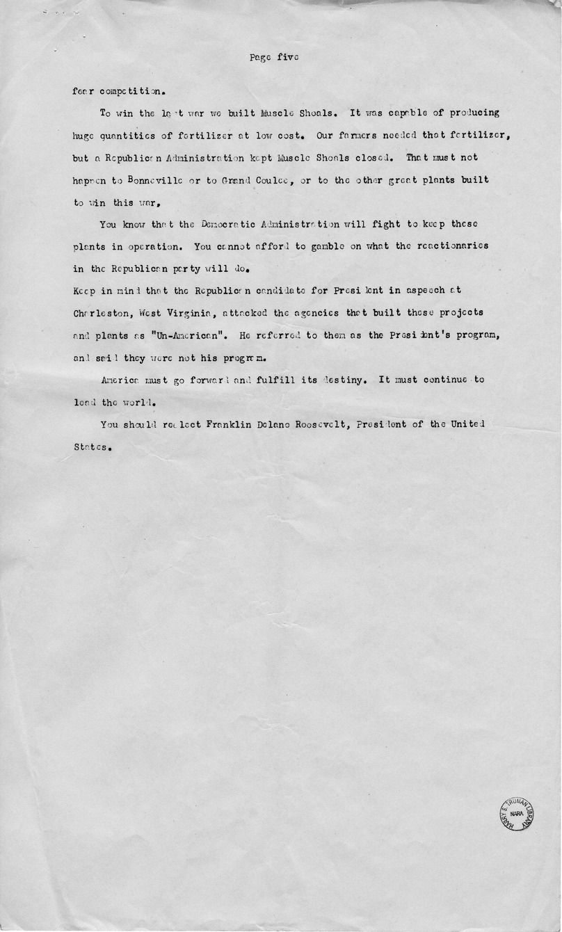 Draft Speech Senator Harry S. Truman to be Delivered in Seattle, Washington
