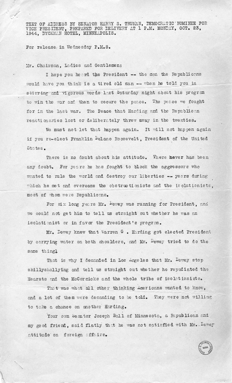 Speech of Senator Harry S. Truman at Minneapolis, Minnesota