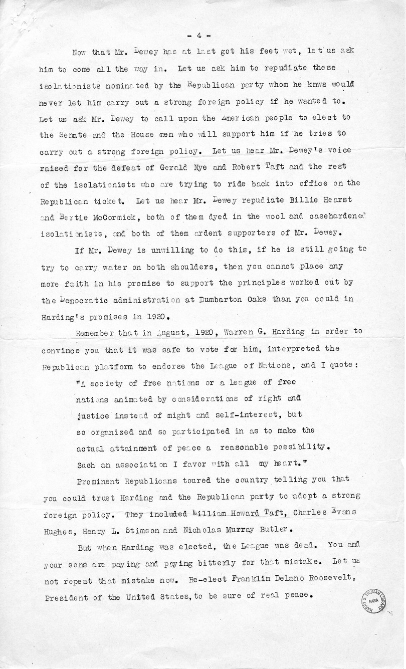 Speech of Senator Harry S. Truman at Minneapolis, Minnesota