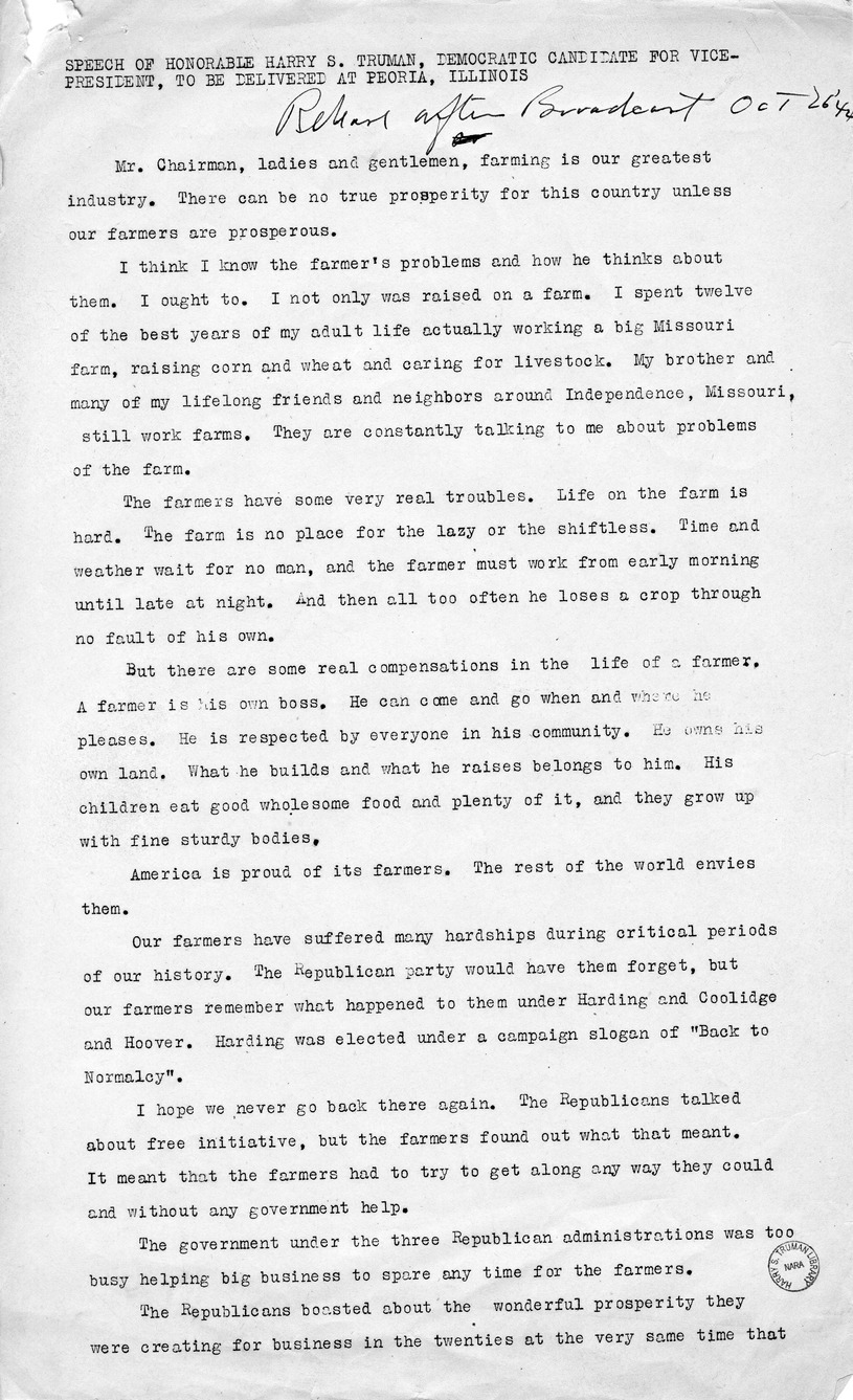 Speech of Senator Harry S. Truman, Democratic Candidate for Vice President, at Peoria, Illinois