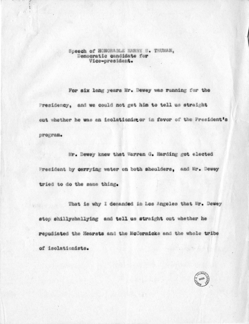 Speech of Senator Harry S. Truman, Democratic Candidate for Vice President, in Minnesota