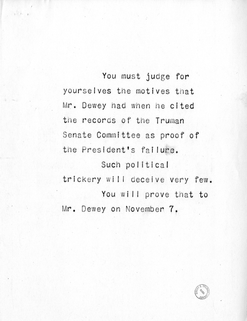 Reading Copy of Speech of Senator Harry S. Truman at Parkersburg, West Virginia