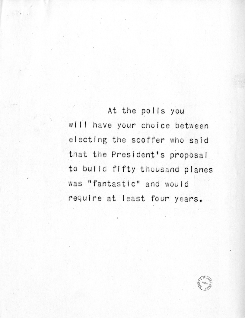 Reading Copy of Speech of Senator Harry S. Truman at Parkersburg, West Virginia