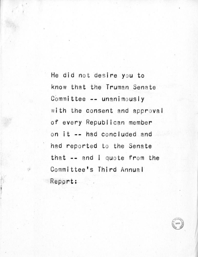 Reading Copy of Speech of Senator Harry S. Truman at Parkersburg, West Virginia