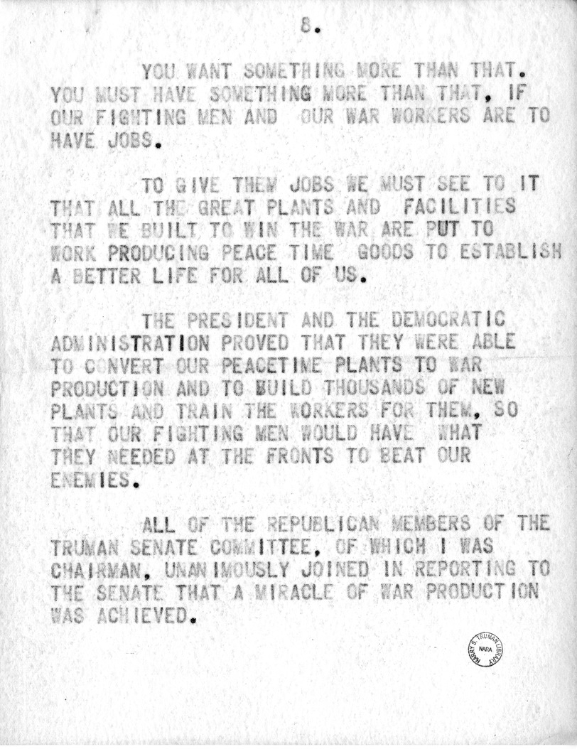 Draft Speech of Senator Harry S. Truman, Democratic Candidate for Vice President, at Pittsburgh, Pennsylvania