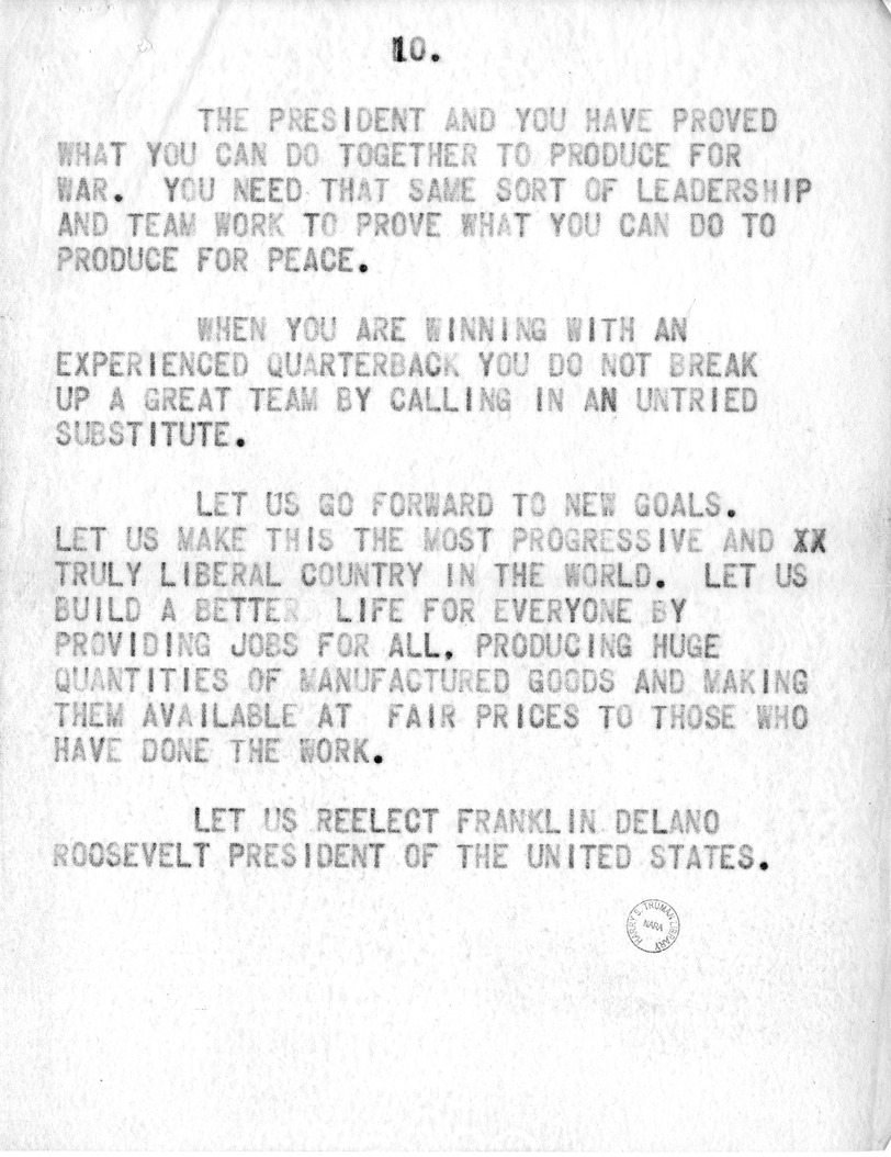 Draft Speech of Senator Harry S. Truman, Democratic Candidate for Vice President, at Pittsburgh, Pennsylvania