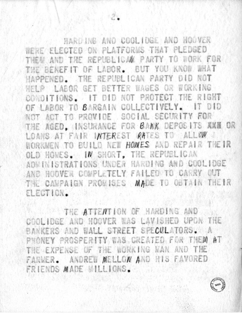Draft Speech of Senator Harry S. Truman, Democratic Candidate for Vice President, at Pittsburgh, Pennsylvania