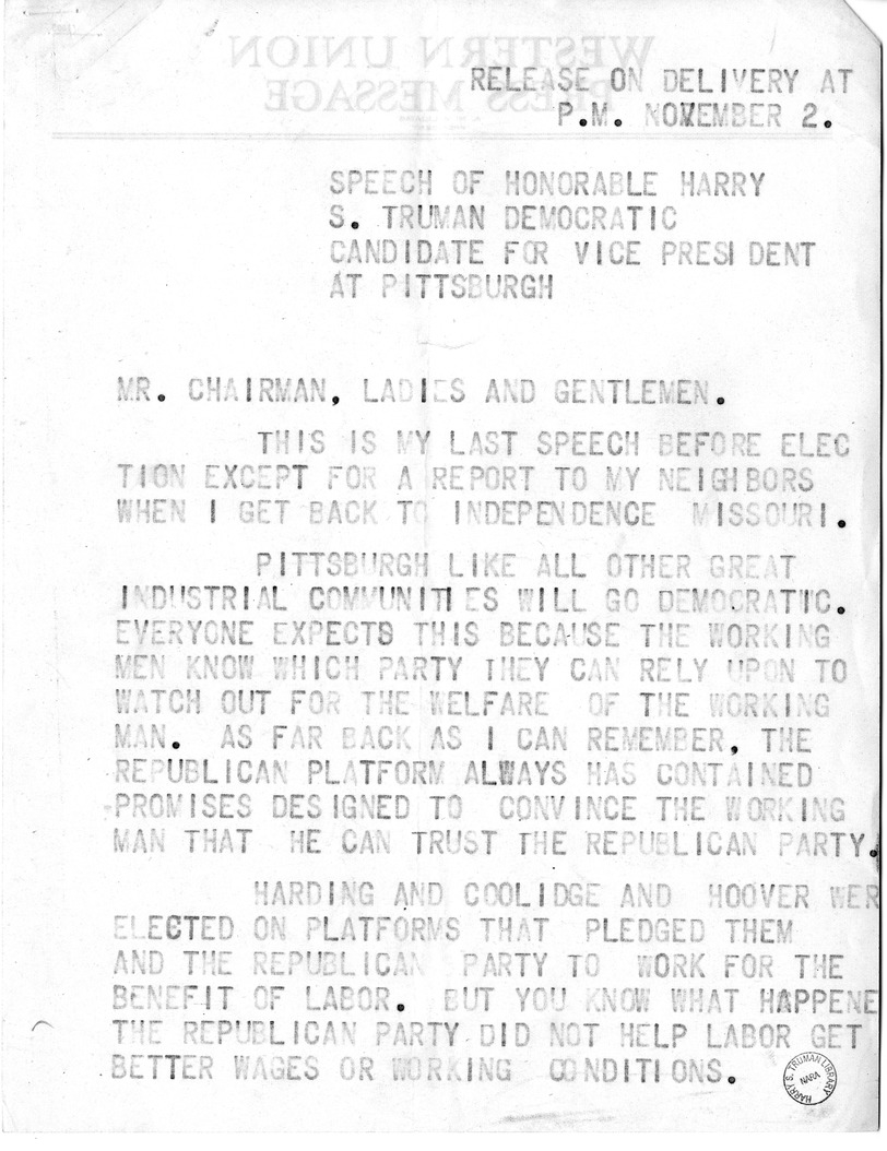 Draft of Speech of Senator Harry S. Truman, Democratic Candidate for Vice President at Pittsburgh, Pennsylvania